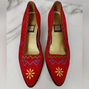 Rare VTG 90s Nina Red Suedette Southwest Embroidery Almond Toe Flats Pumps, 9.5